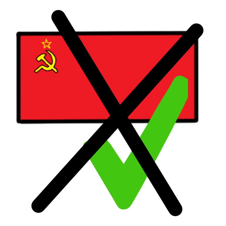 A drawing of the Soviet Union flag just below and off to the right is a green checkmark. There is also a large black X over the flag and checkmark.